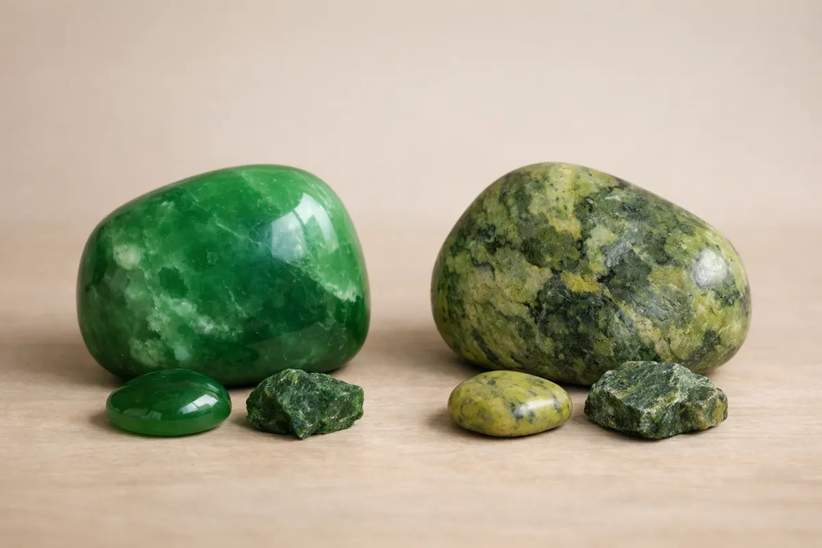 Editorial checklist image for jade vs serpentine showing visible clues and comparison notes.