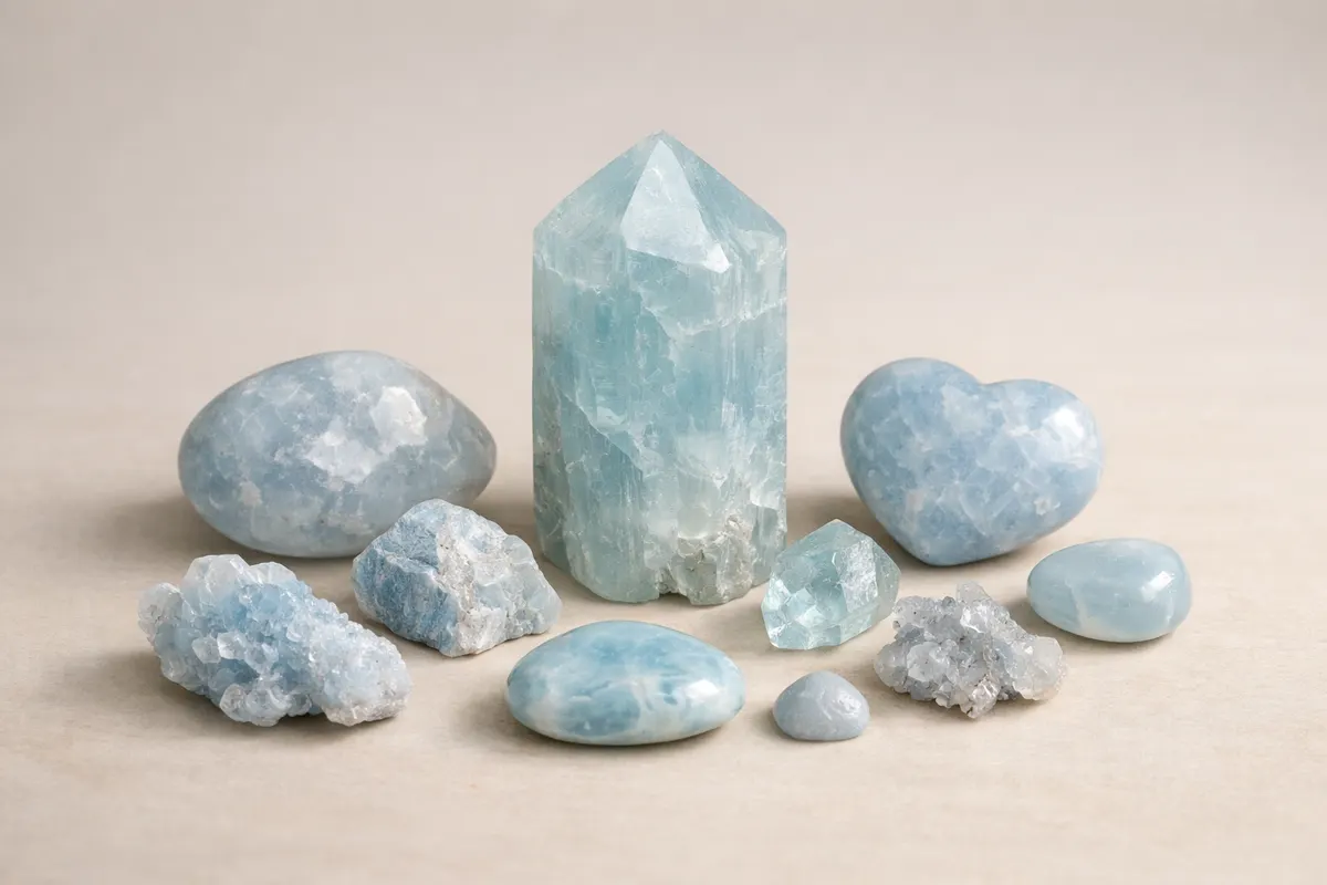 Light blue stones arranged by translucency, luster, banding, and matrix clues with simple labels