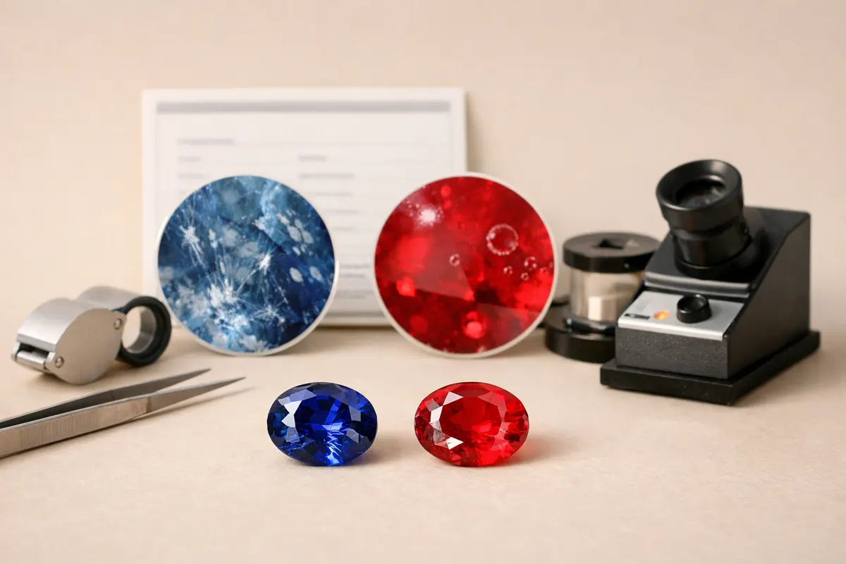 Simple comparison of a stone photo, magnified inclusions, certificate/document, and gemologist testing tools
