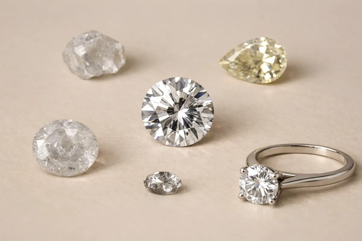 Editorial visual checklist for diamond identification with grouped clues and example details.
