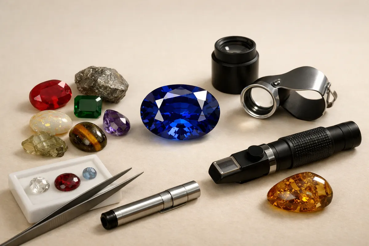 Editorial visual checklist for gemstone identification with grouped clues and example details.