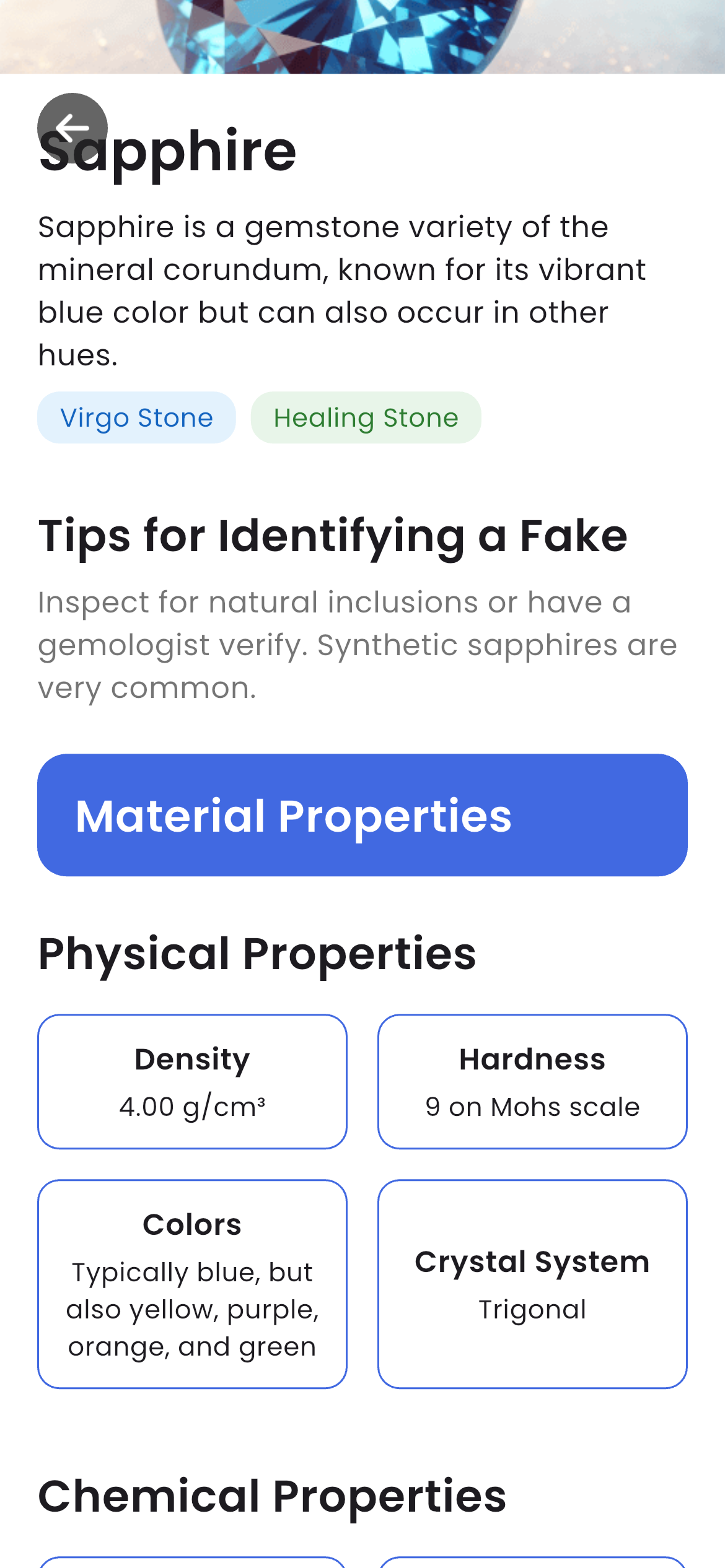 Stone identification app showing physical properties of a mineral