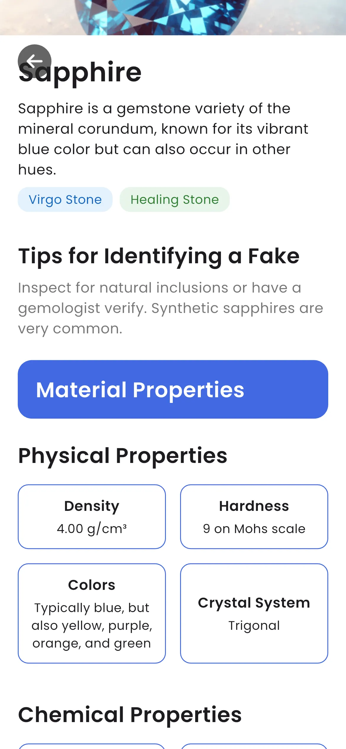 Stone identification app showing physical properties of a mineral