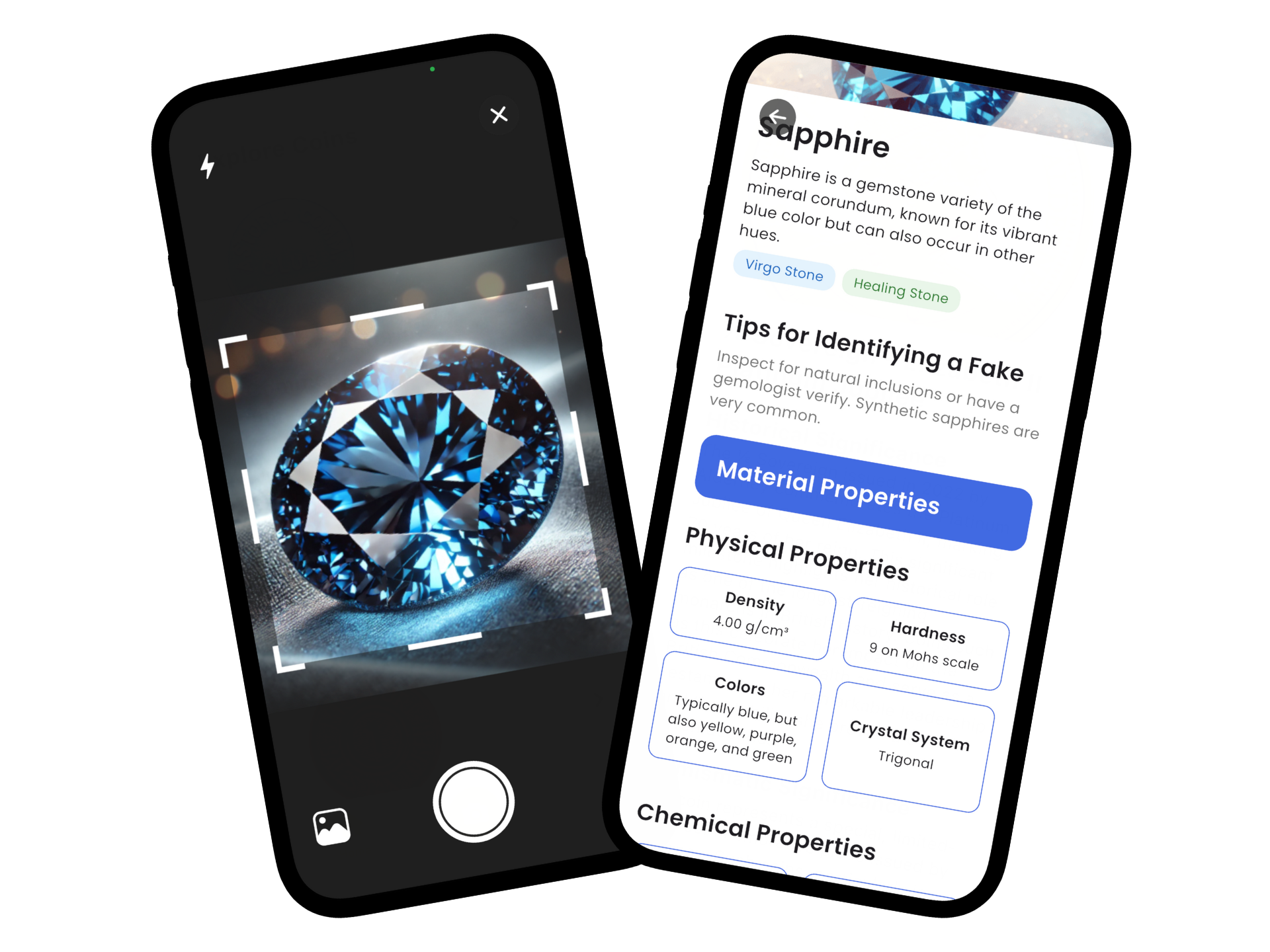 Stone identification app interface showing gemstone identification results
