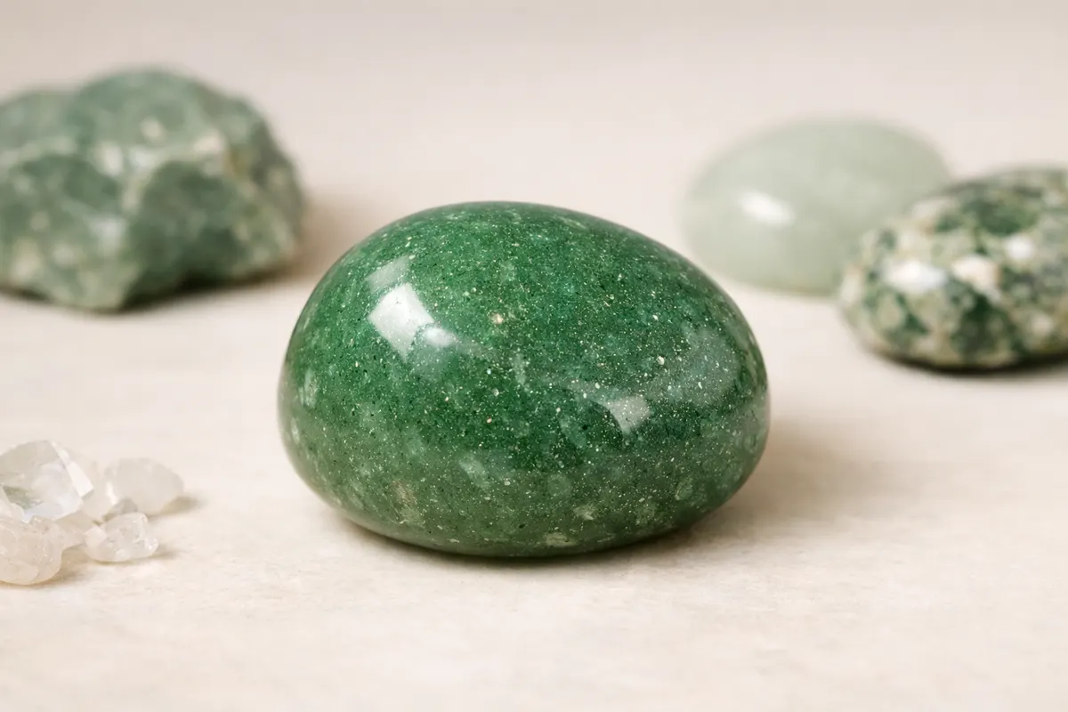 Encyclopedia-style reference visual for Aventurine with labeled recognition details and lookalike cues.