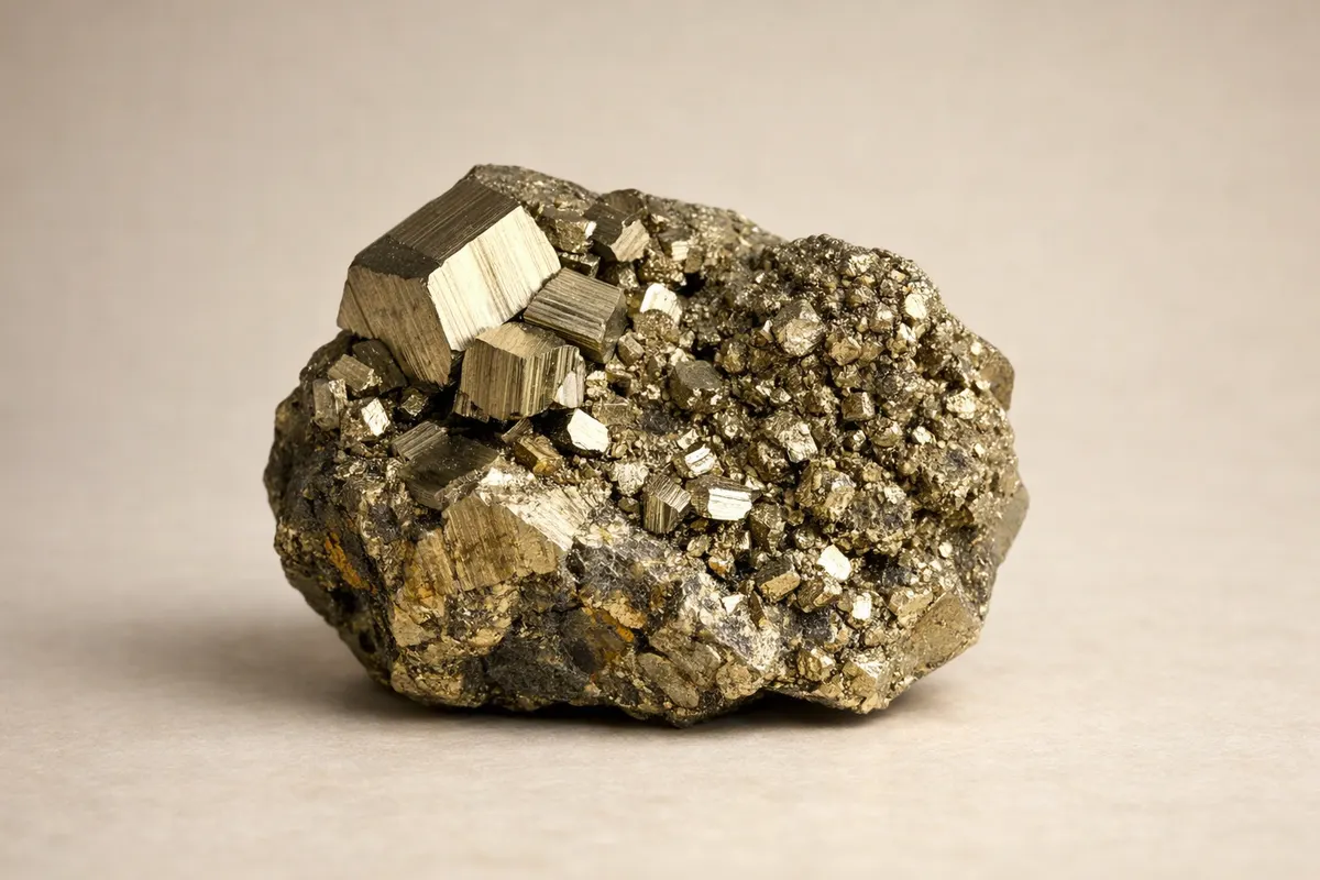 Encyclopedia-style reference visual for Pyrite with labeled recognition details and lookalike cues.