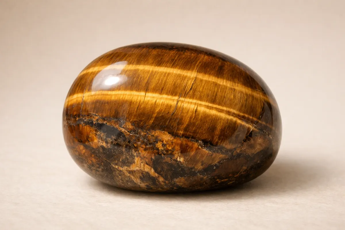 Encyclopedia-style reference visual for Tiger's Eye with labeled recognition details and lookalike cues.